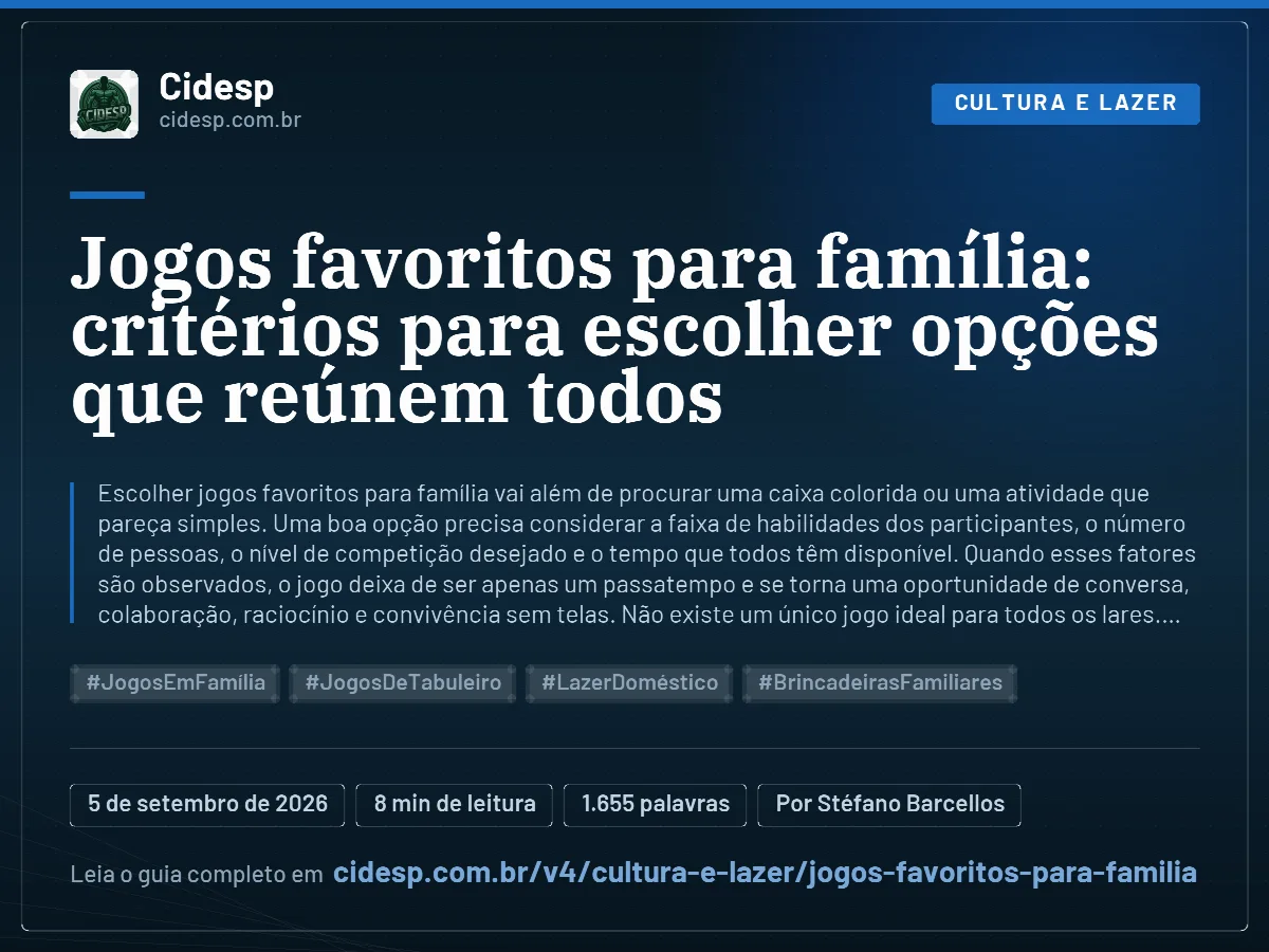 Cartão do artigo “Jogos favoritos para família: critérios para escolher opções que reúnem todos”, com resumo, data de publicação e endereço da página.