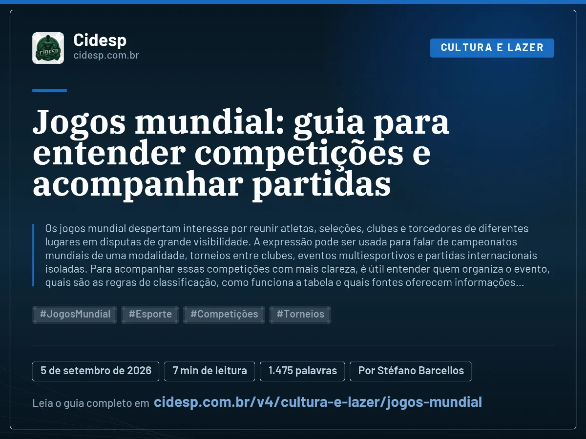 Cartão do artigo “Jogos mundial: guia para entender competições e acompanhar partidas”, com resumo, data de publicação e endereço da página.