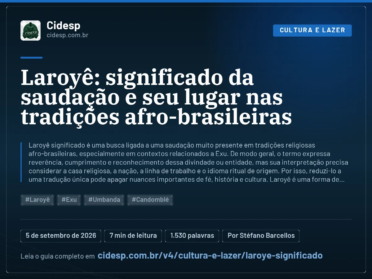 Cartão do artigo “Laroyê: significado da saudação e seu lugar nas tradições afro-brasileiras”, com resumo, data de publicação e endereço da página.