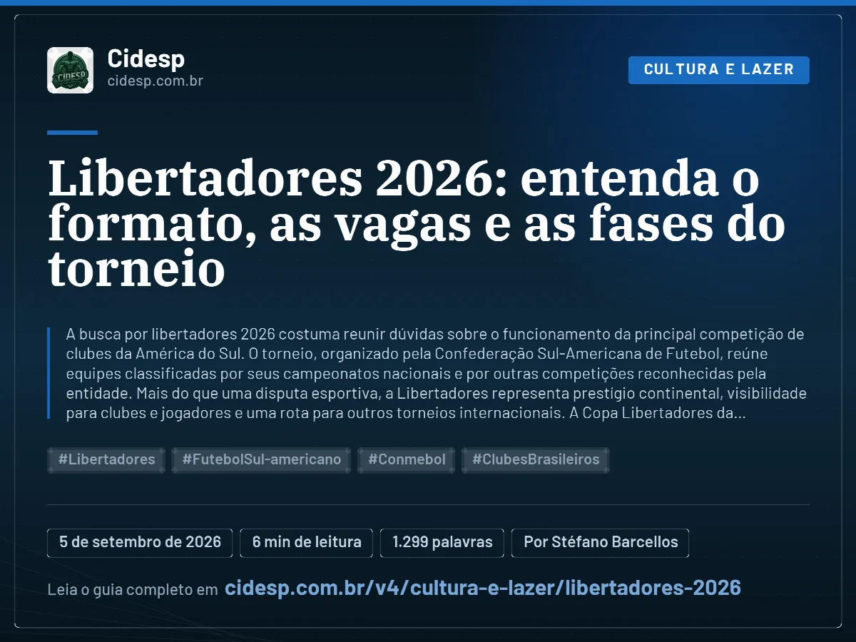 Cartão do artigo “Libertadores 2026: entenda o formato, as vagas e as fases do torneio”, com resumo, data de publicação e endereço da página.