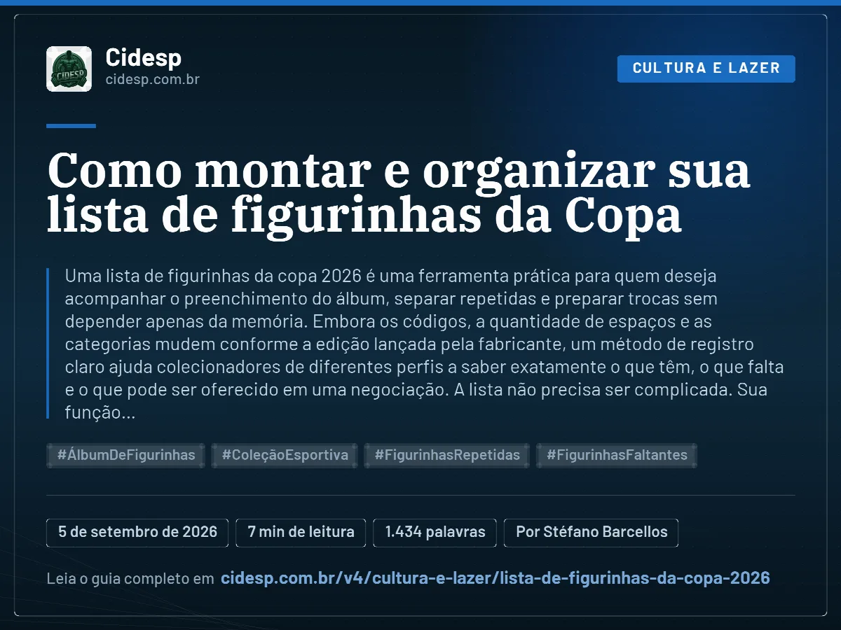 Cartão do artigo “Como montar e organizar sua lista de figurinhas da Copa”, com resumo, data de publicação e endereço da página.