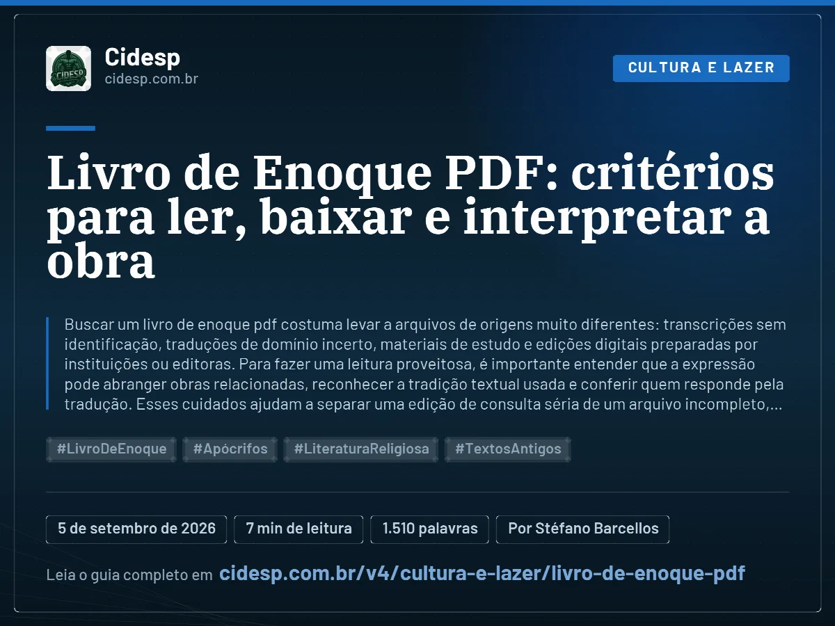 Cartão do artigo “Livro de Enoque PDF: critérios para ler, baixar e interpretar a obra”, com resumo, data de publicação e endereço da página.