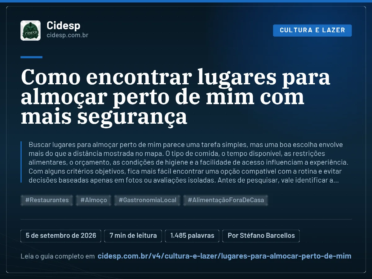 Cartão do artigo “Como encontrar lugares para almoçar perto de mim com mais segurança”, com resumo, data de publicação e endereço da página.