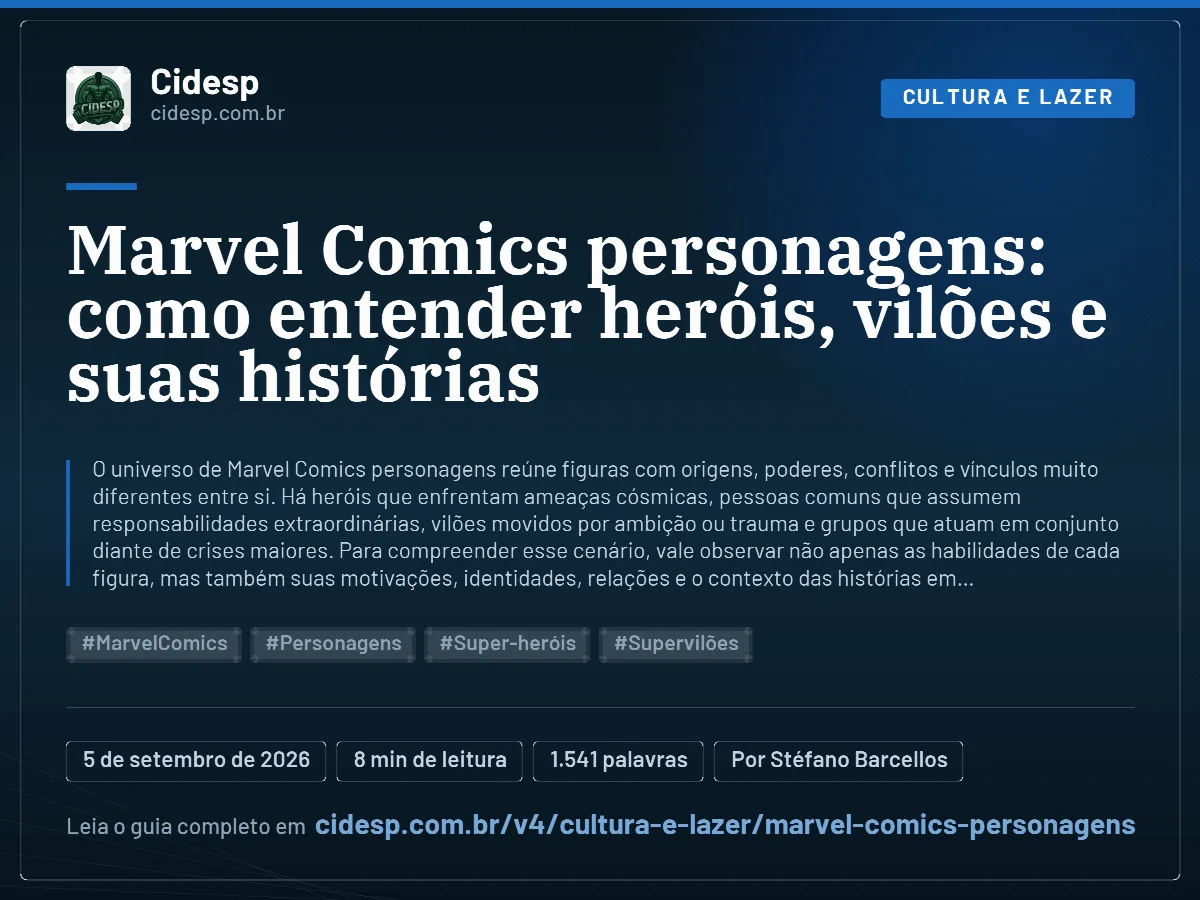 Cartão do artigo “Marvel Comics personagens: como entender heróis, vilões e suas histórias”, com resumo, data de publicação e endereço da página.