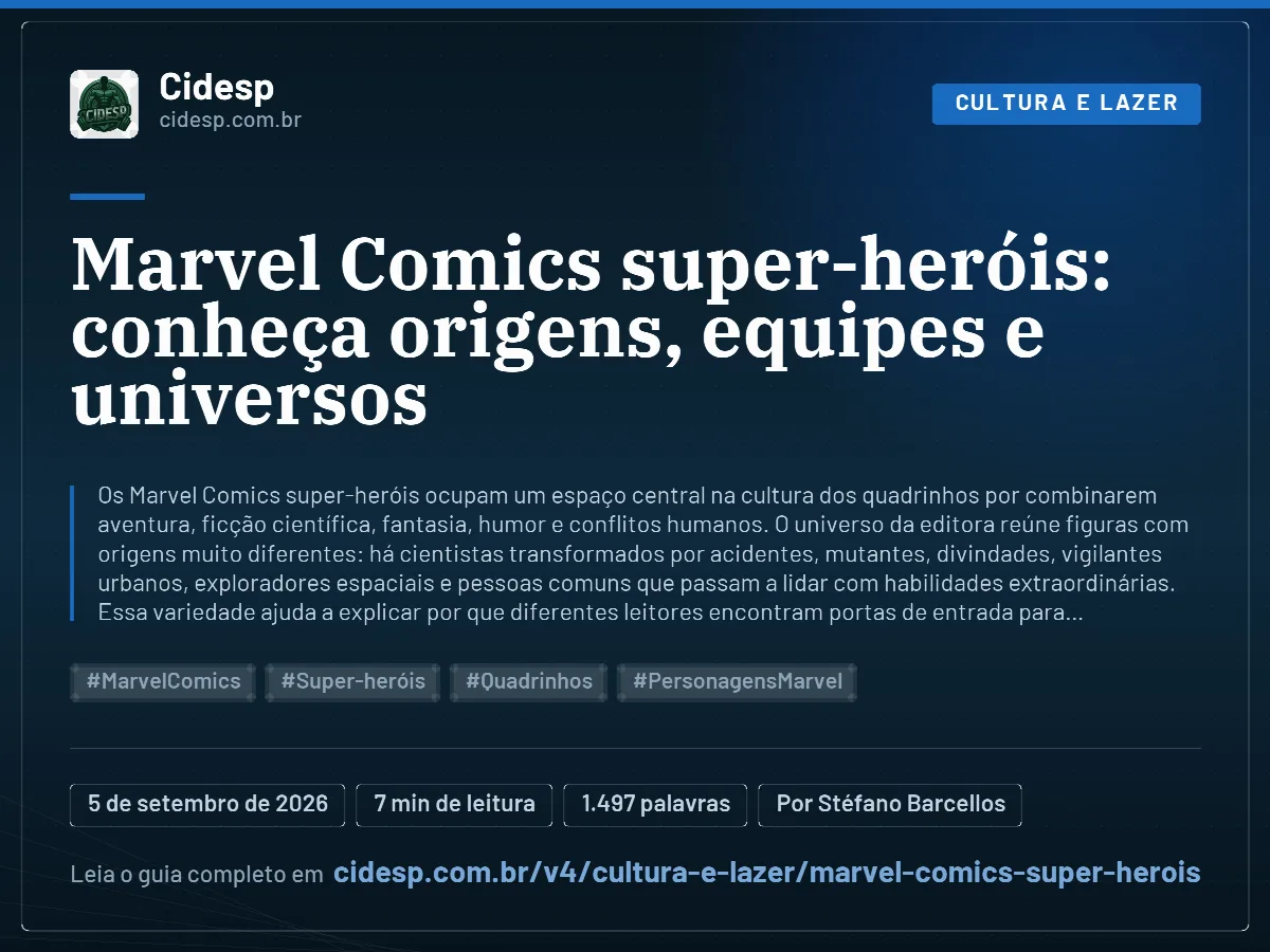 Cartão do artigo “Marvel Comics super-heróis: conheça origens, equipes e universos”, com resumo, data de publicação e endereço da página.