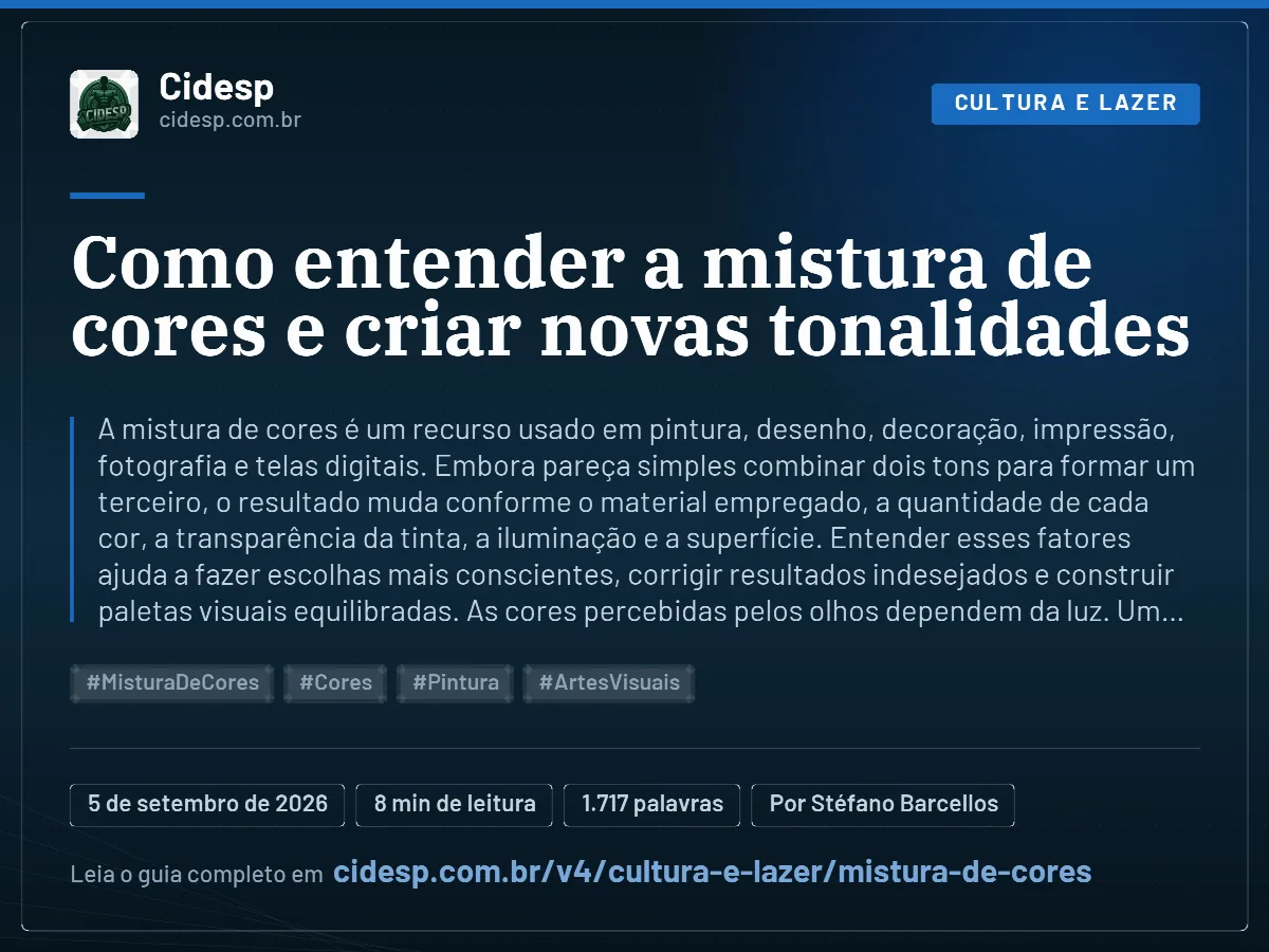 Cartão do artigo “Como entender a mistura de cores e criar novas tonalidades”, com resumo, data de publicação e endereço da página.