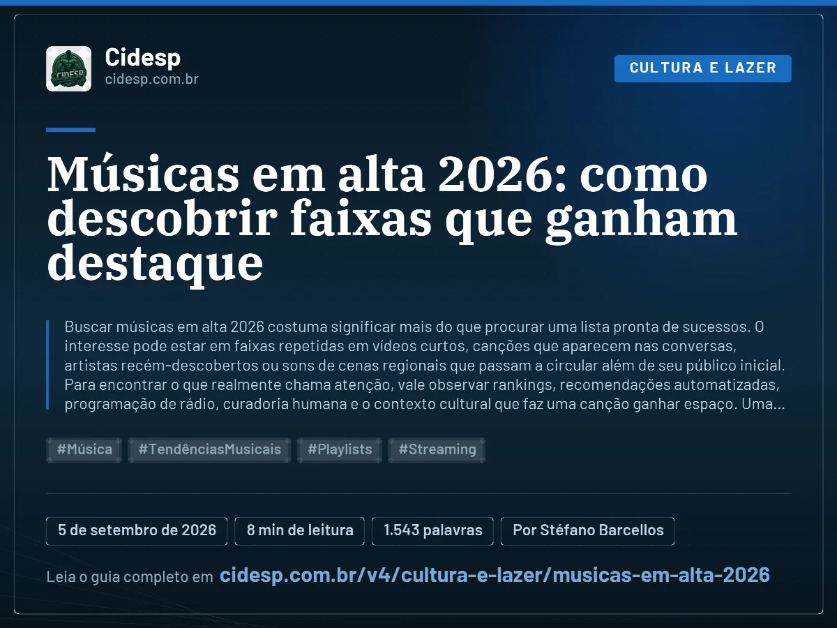 Cartão do artigo “Músicas em alta 2026: como descobrir faixas que ganham destaque”, com resumo, data de publicação e endereço da página.