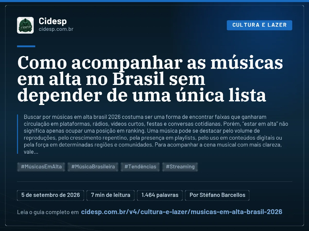 Cartão do artigo “Como acompanhar as músicas em alta no Brasil sem depender de uma única lista”, com resumo, data de publicação e endereço da página.