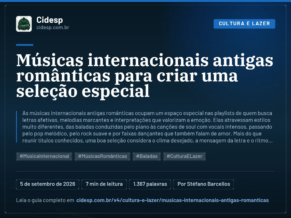Cartão do artigo “Músicas internacionais antigas românticas para criar uma seleção especial”, com resumo, data de publicação e endereço da página.