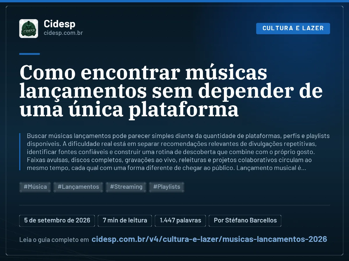 Cartão do artigo “Como encontrar músicas lançamentos sem depender de uma única plataforma”, com resumo, data de publicação e endereço da página.