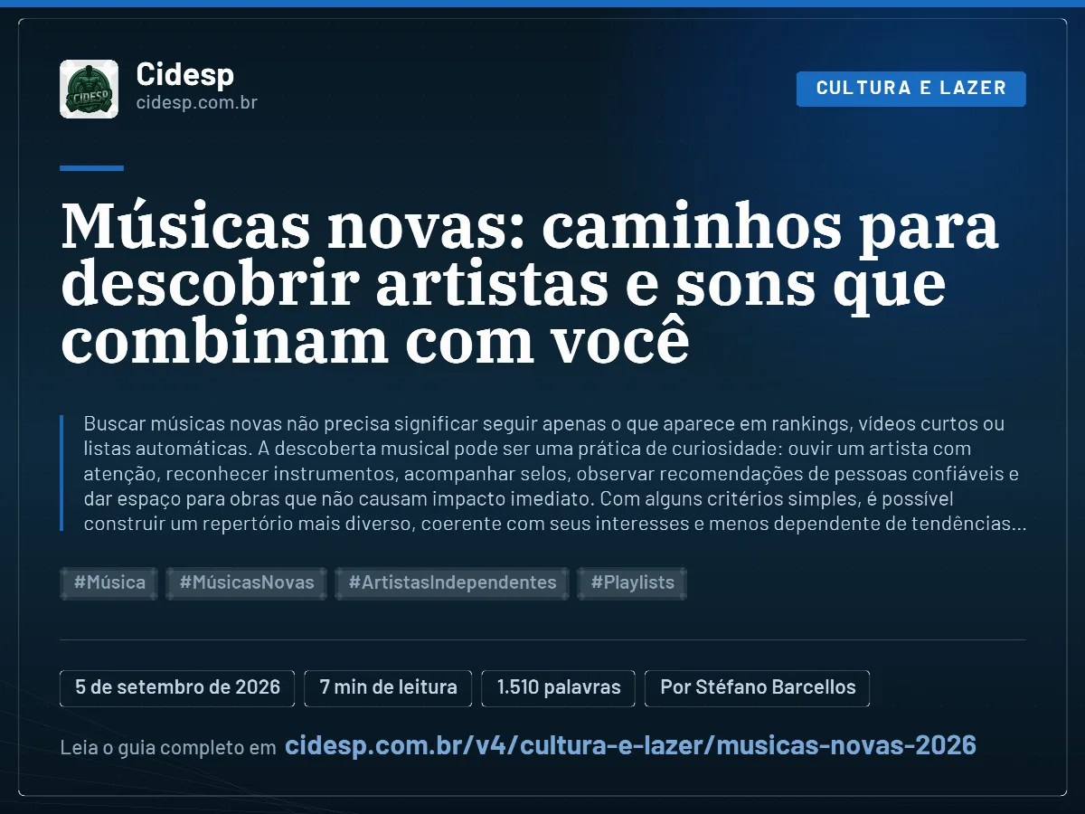 Cartão do artigo “Músicas novas: caminhos para descobrir artistas e sons que combinam com você”, com resumo, data de publicação e endereço da página.