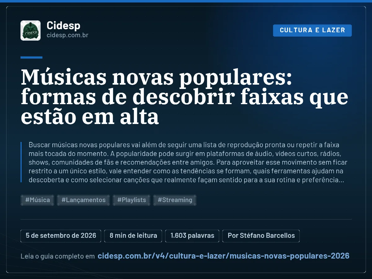 Cartão do artigo “Músicas novas populares: formas de descobrir faixas que estão em alta”, com resumo, data de publicação e endereço da página.