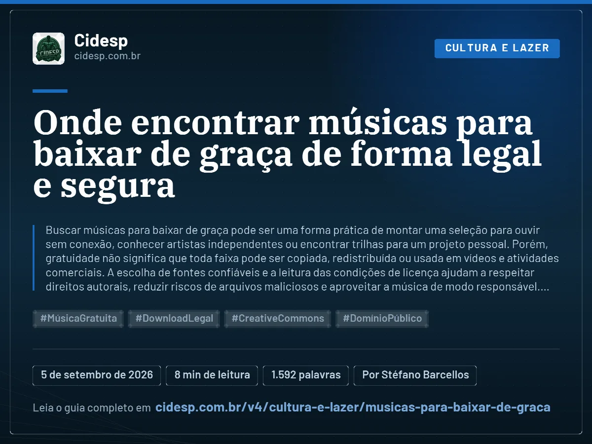 Cartão do artigo “Onde encontrar músicas para baixar de graça de forma legal e segura”, com resumo, data de publicação e endereço da página.