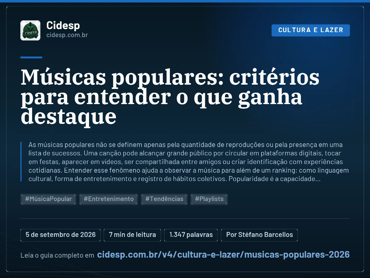 Cartão do artigo “Músicas populares: critérios para entender o que ganha destaque”, com resumo, data de publicação e endereço da página.