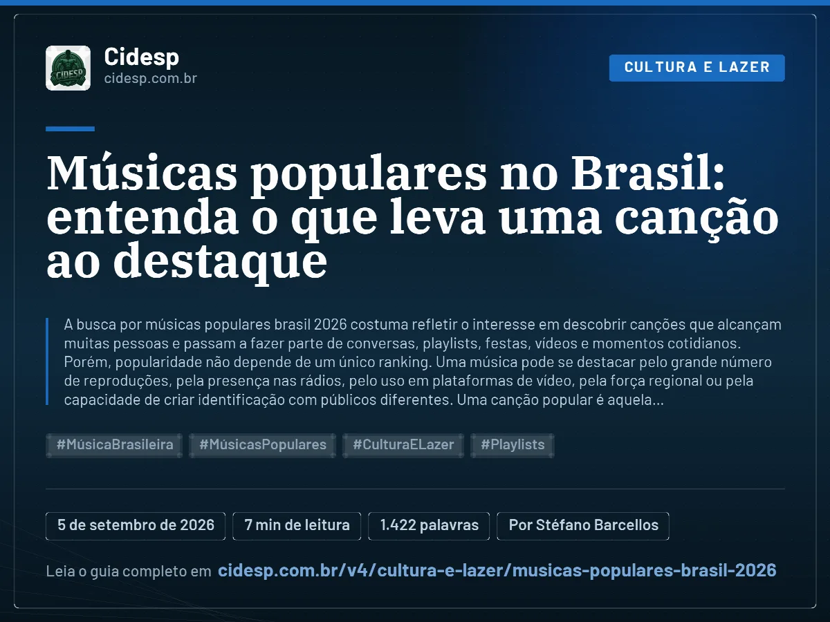 Cartão do artigo “Músicas populares no Brasil: entenda o que leva uma canção ao destaque”, com resumo, data de publicação e endereço da página.