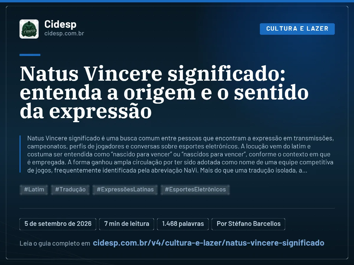 Cartão do artigo “Natus Vincere significado: entenda a origem e o sentido da expressão”, com resumo, data de publicação e endereço da página.