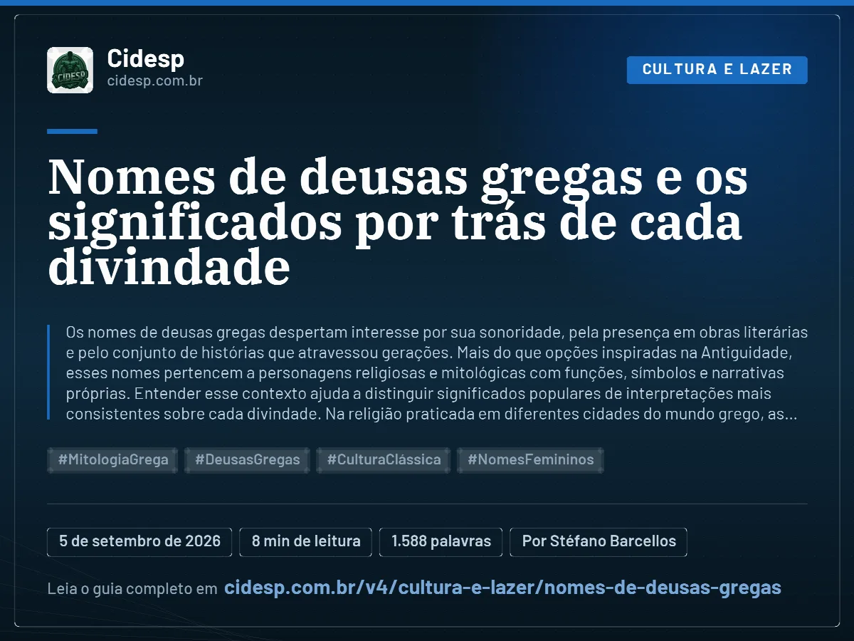 Cartão do artigo “Nomes de deusas gregas e os significados por trás de cada divindade”, com resumo, data de publicação e endereço da página.