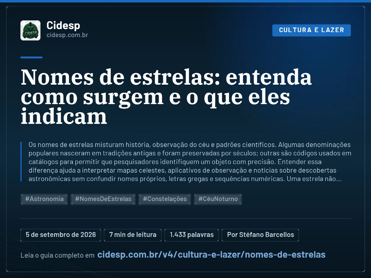Cartão do artigo “Nomes de estrelas: entenda como surgem e o que eles indicam”, com resumo, data de publicação e endereço da página.