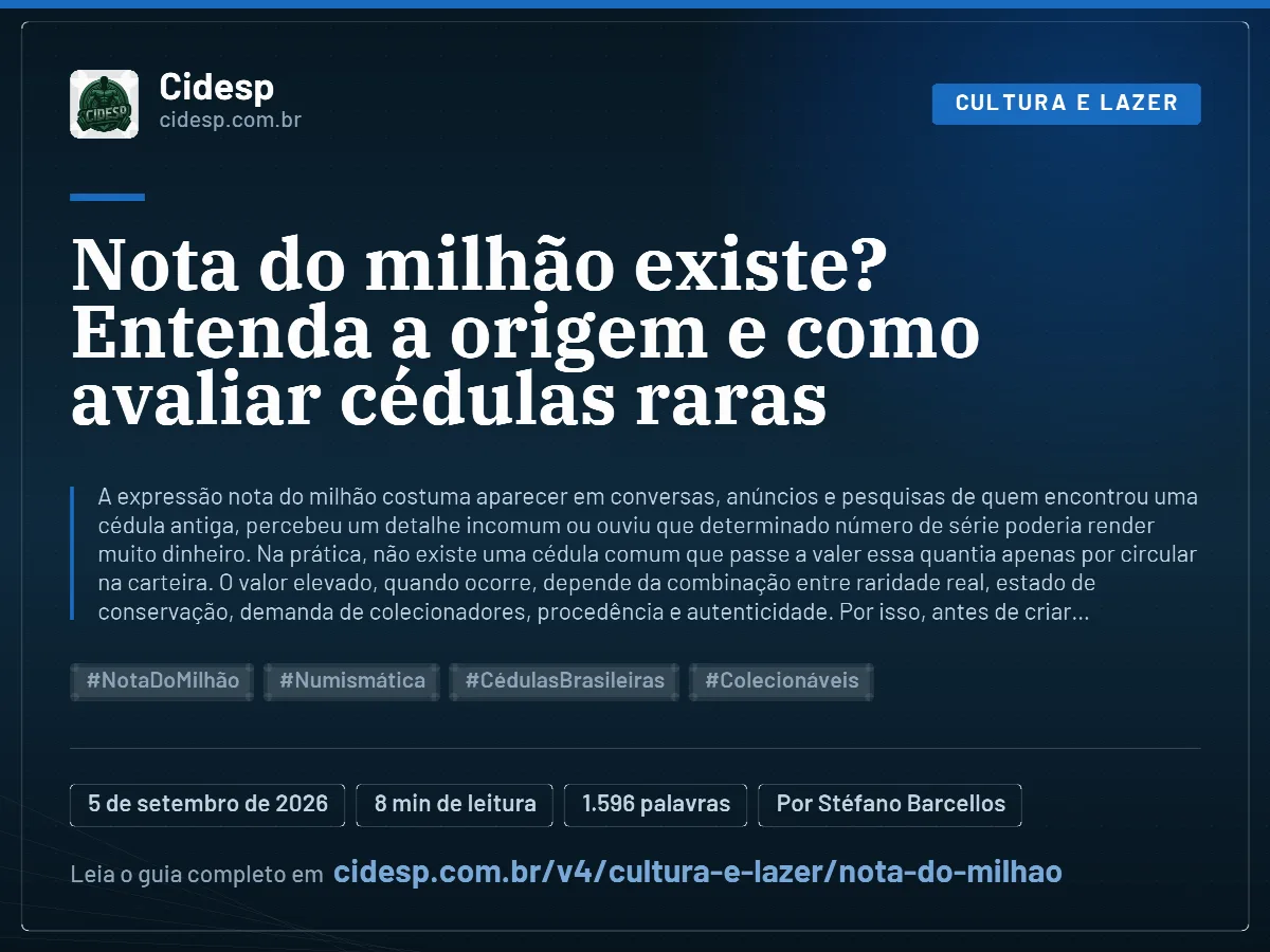 Cartão do artigo “Nota do milhão existe? Entenda a origem e como avaliar cédulas raras”, com resumo, data de publicação e endereço da página.
