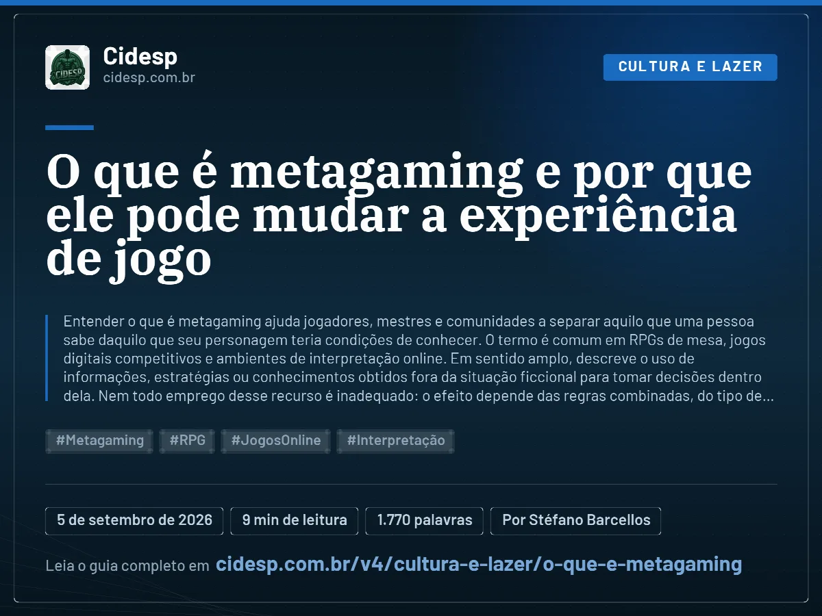 Cartão do artigo “O que é metagaming e por que ele pode mudar a experiência de jogo”, com resumo, data de publicação e endereço da página.