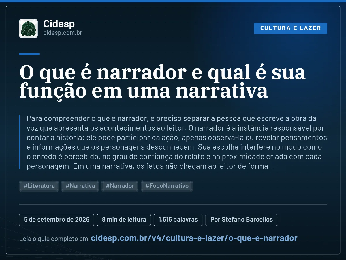 Cartão do artigo “O que é narrador e qual é sua função em uma narrativa”, com resumo, data de publicação e endereço da página.