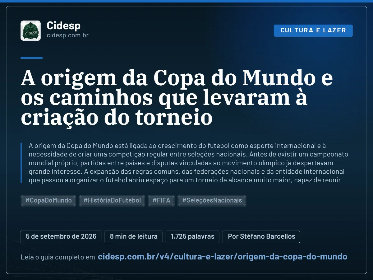 Cartão do artigo “A origem da Copa do Mundo e os caminhos que levaram à criação do torneio”, com resumo, data de publicação e endereço da página.
