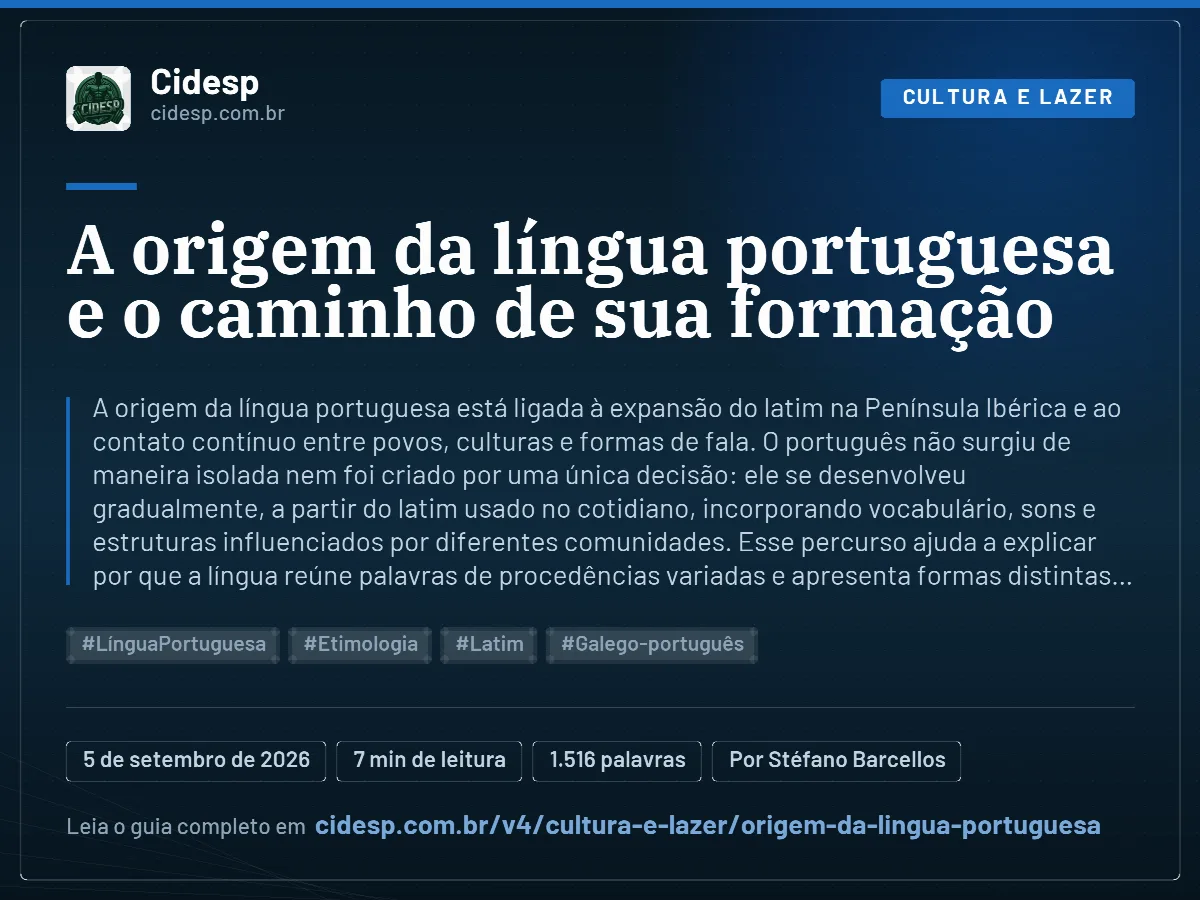 Cartão do artigo “A origem da língua portuguesa e o caminho de sua formação”, com resumo, data de publicação e endereço da página.