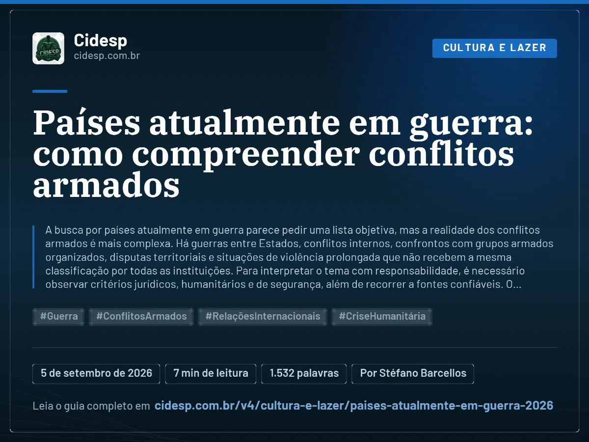 Cartão do artigo “Países atualmente em guerra: como compreender conflitos armados”, com resumo, data de publicação e endereço da página.