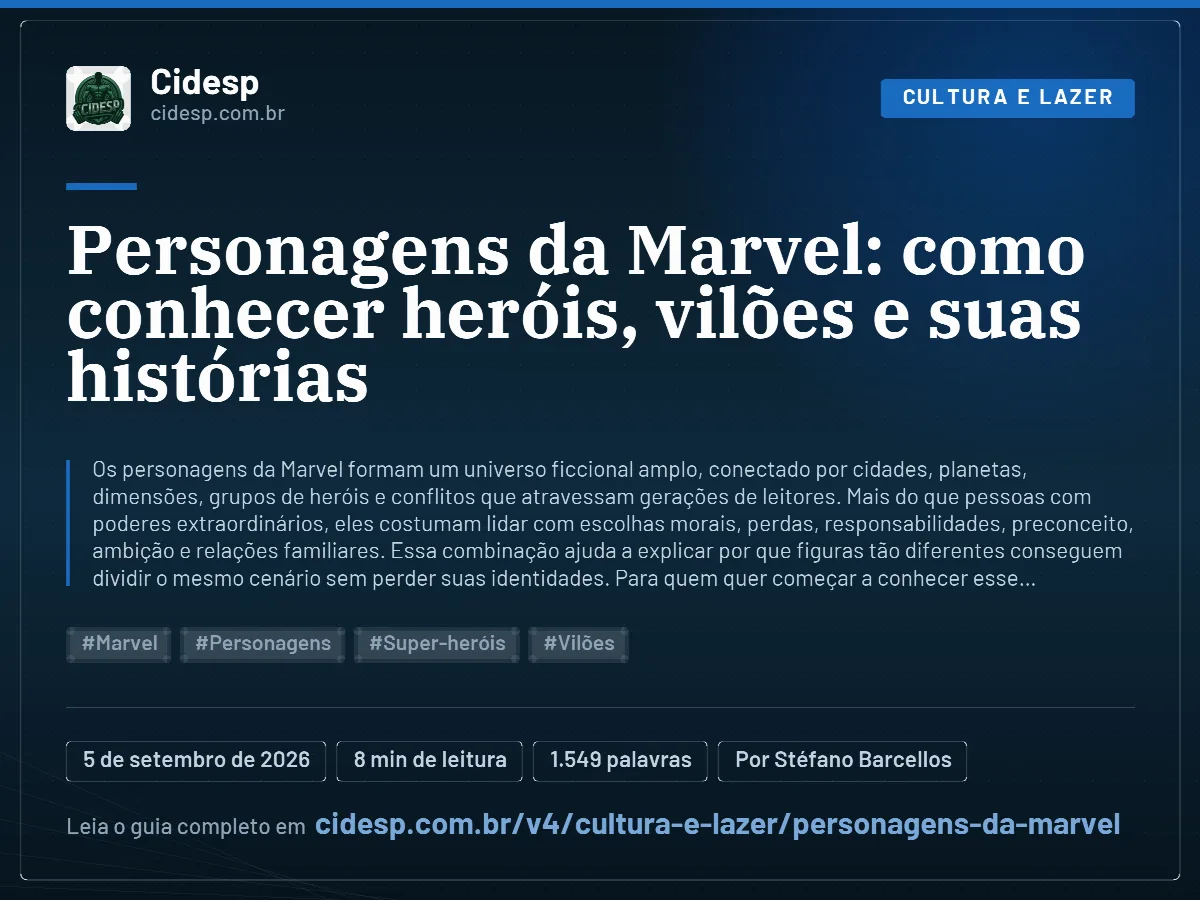 Cartão do artigo “Personagens da Marvel: como conhecer heróis, vilões e suas histórias”, com resumo, data de publicação e endereço da página.