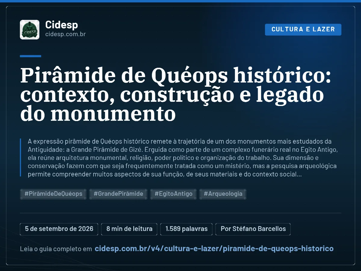Cartão do artigo “Pirâmide de Quéops histórico: contexto, construção e legado do monumento”, com resumo, data de publicação e endereço da página.