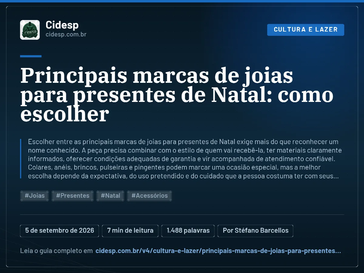 Cartão do artigo “Principais marcas de joias para presentes de Natal: como escolher”, com resumo, data de publicação e endereço da página.