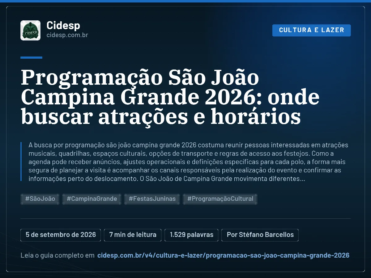 Cartão do artigo “Programação São João Campina Grande 2026: onde buscar atrações e horários”, com resumo, data de publicação e endereço da página.