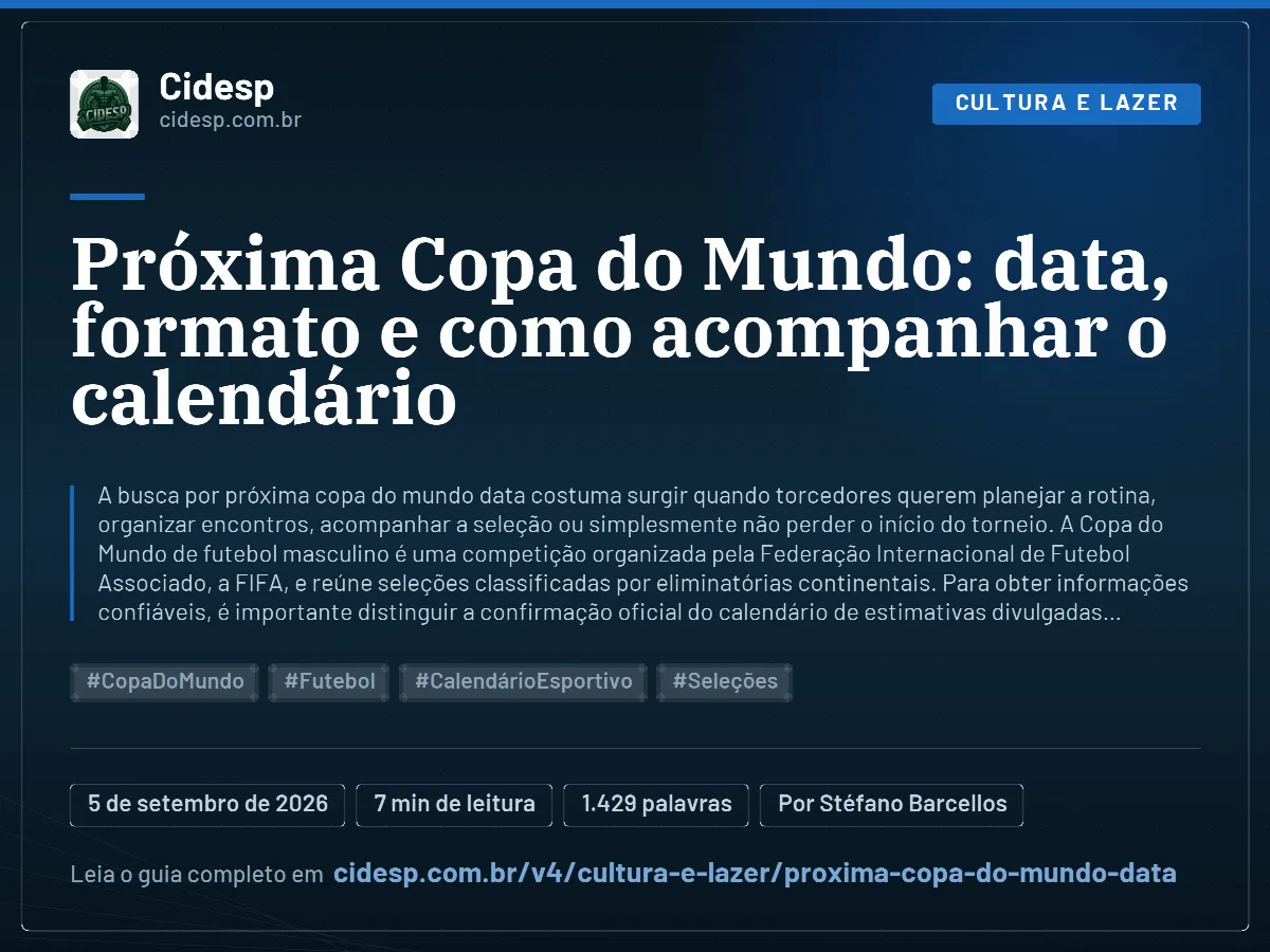 Cartão do artigo “Próxima Copa do Mundo: data, formato e como acompanhar o calendário”, com resumo, data de publicação e endereço da página.