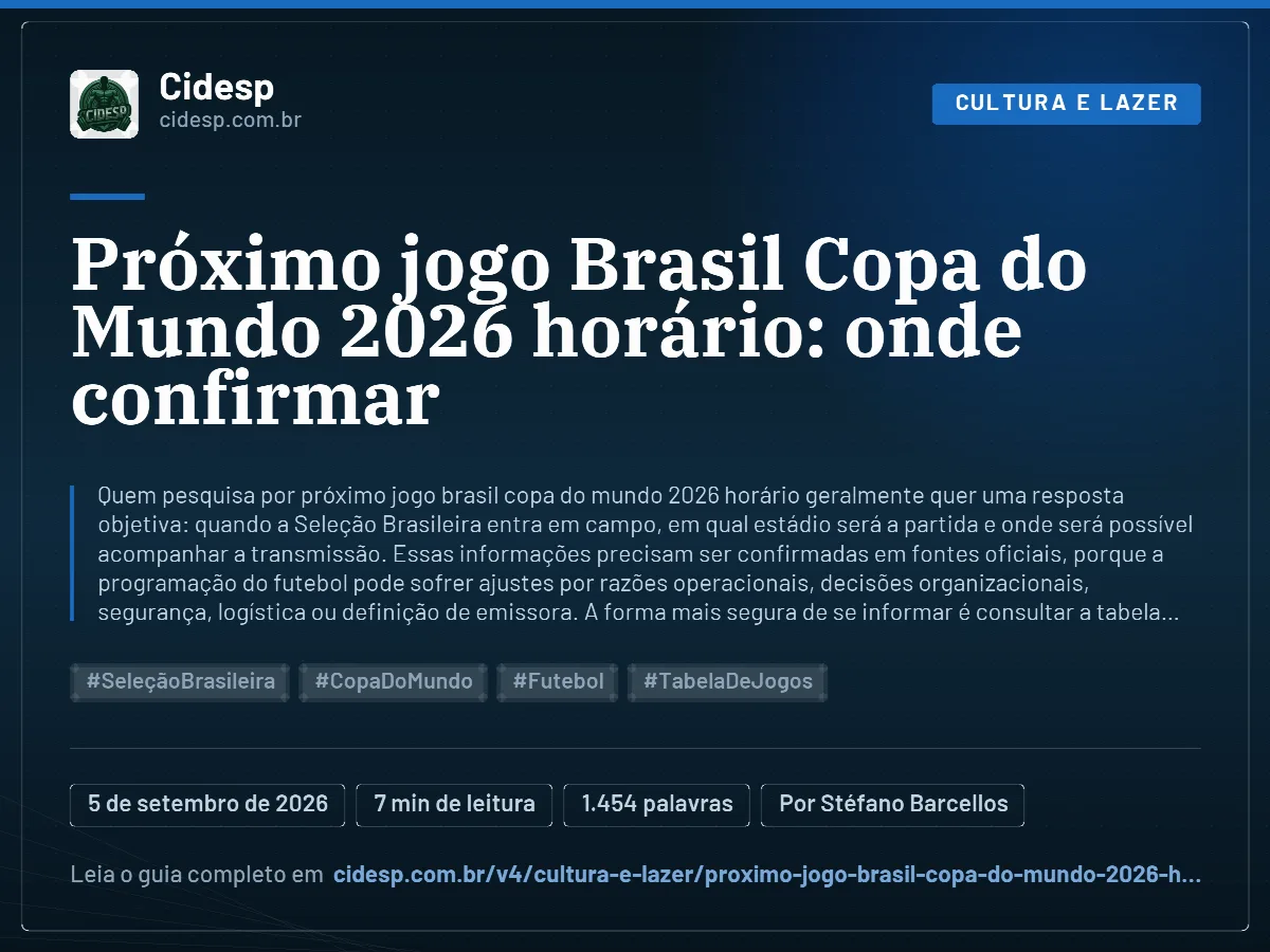 Cartão do artigo “Próximo jogo Brasil Copa do Mundo 2026 horário: onde confirmar”, com resumo, data de publicação e endereço da página.
