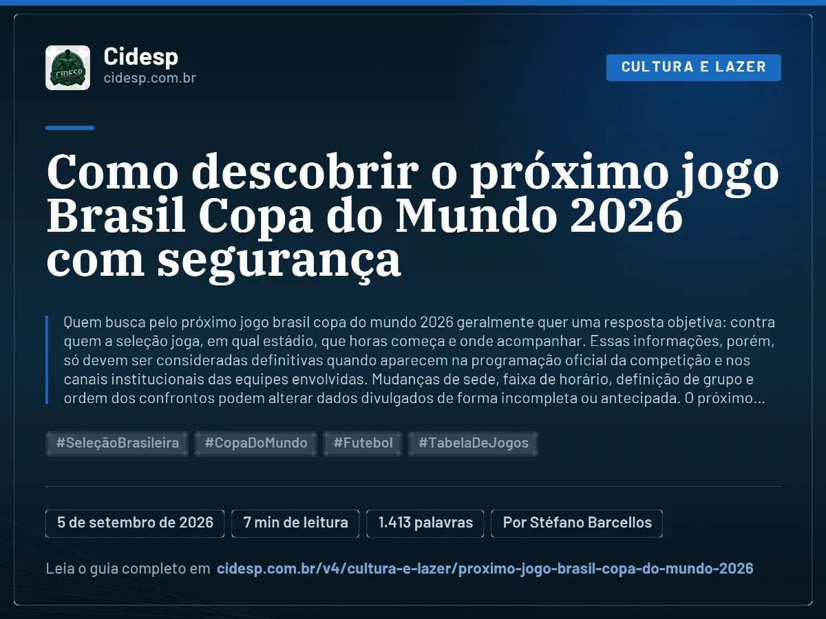 Cartão do artigo “Como descobrir o próximo jogo Brasil Copa do Mundo 2026 com segurança”, com resumo, data de publicação e endereço da página.