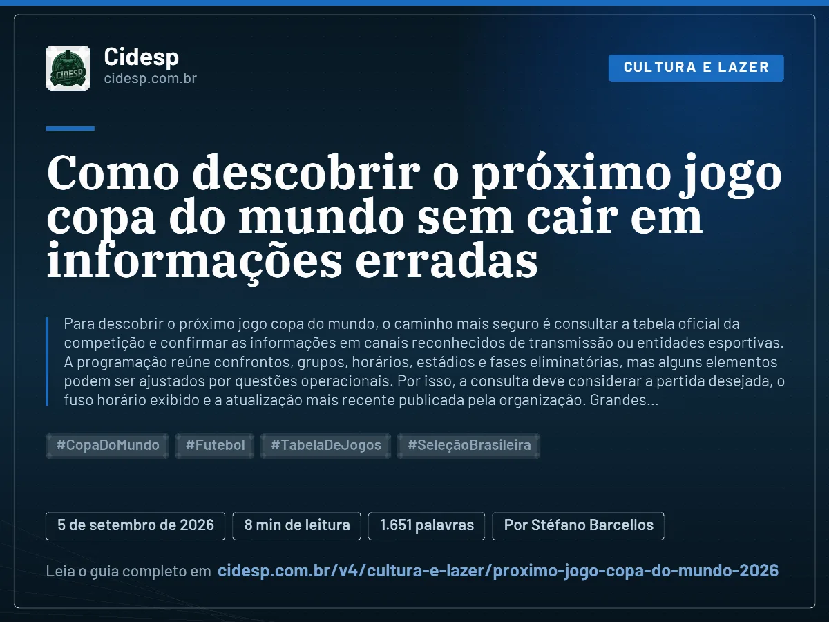 Cartão do artigo “Como descobrir o próximo jogo copa do mundo sem cair em informações erradas”, com resumo, data de publicação e endereço da página.