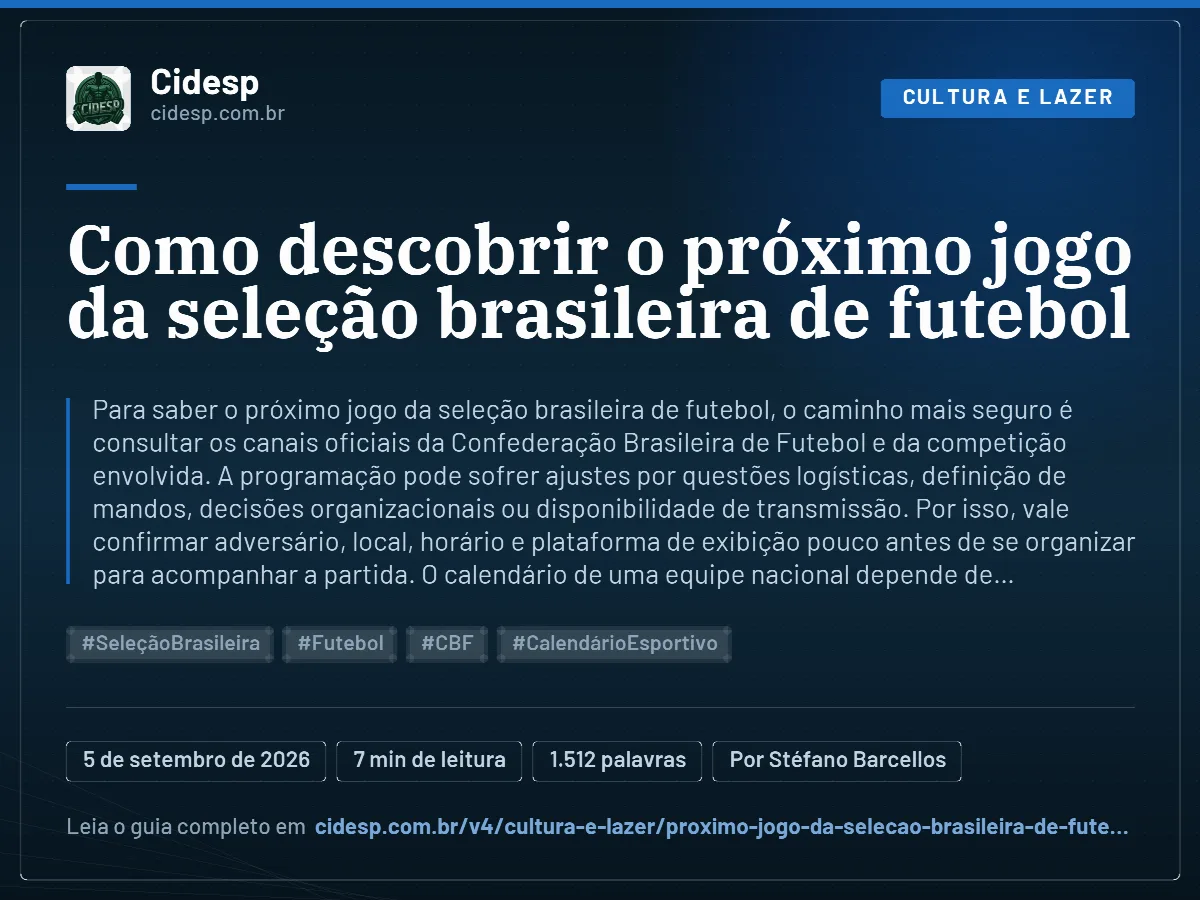 Cartão do artigo “Como descobrir o próximo jogo da seleção brasileira de futebol”, com resumo, data de publicação e endereço da página.