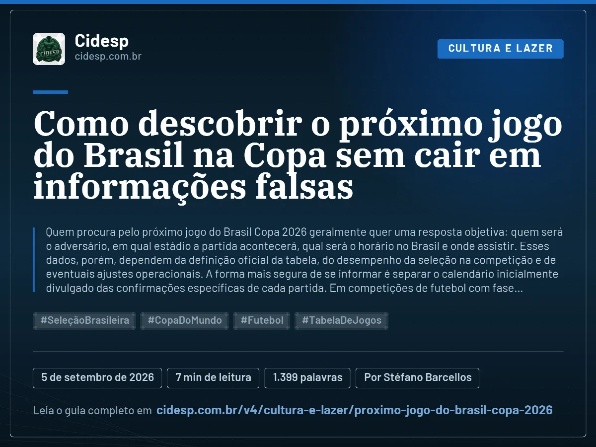 Cartão do artigo “Como descobrir o próximo jogo do Brasil na Copa sem cair em informações falsas”, com resumo, data de publicação e endereço da página.