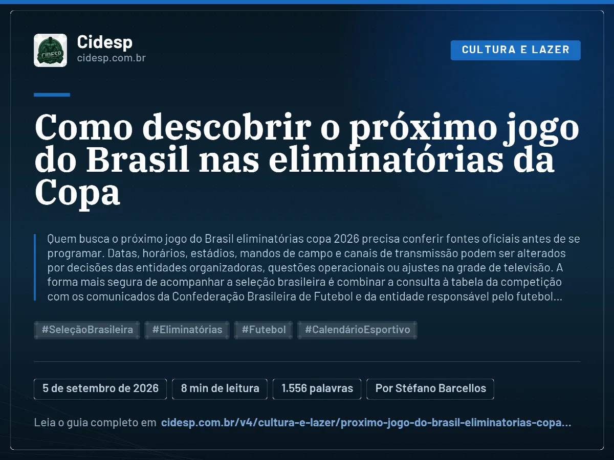Cartão do artigo “Como descobrir o próximo jogo do Brasil nas eliminatórias da Copa”, com resumo, data de publicação e endereço da página.