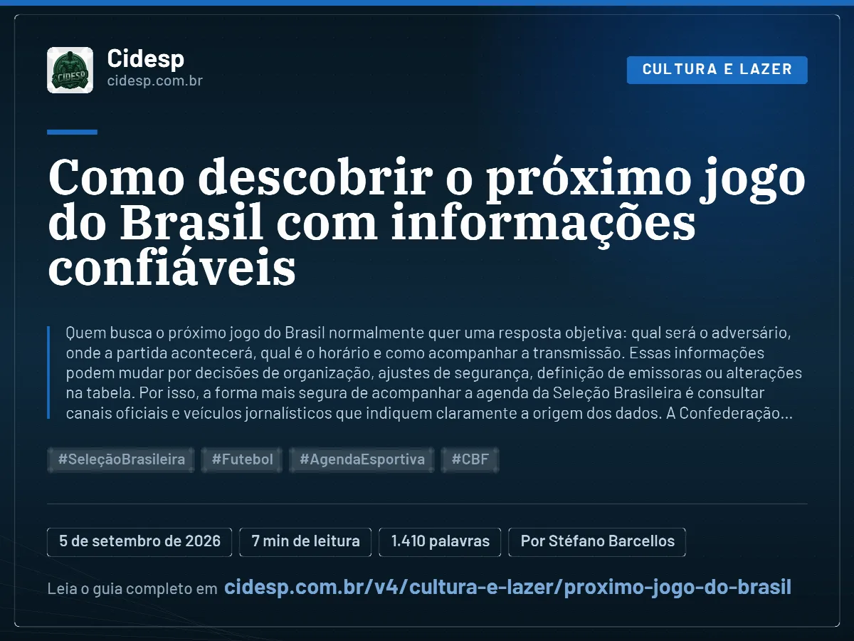Cartão do artigo “Como descobrir o próximo jogo do Brasil com informações confiáveis”, com resumo, data de publicação e endereço da página.