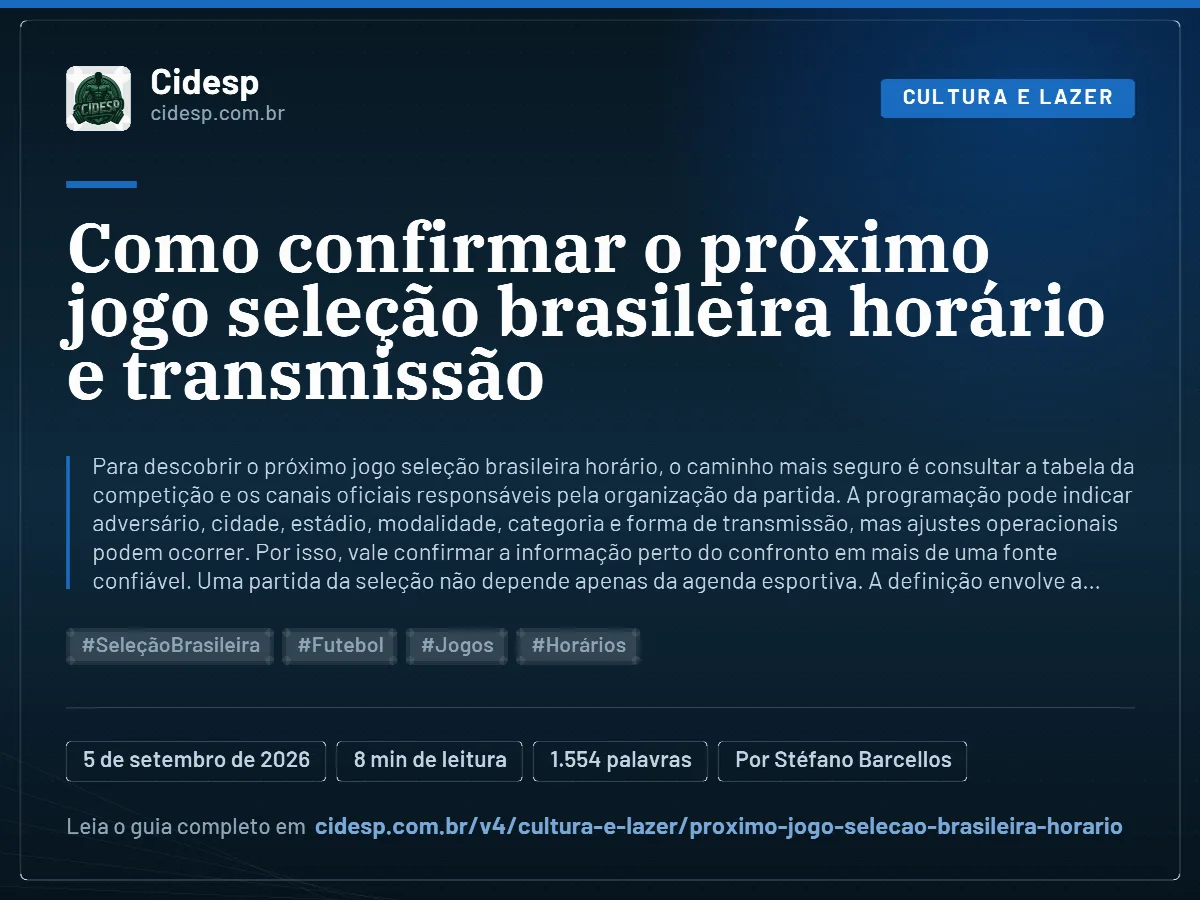 Cartão do artigo “Como confirmar o próximo jogo seleção brasileira horário e transmissão”, com resumo, data de publicação e endereço da página.