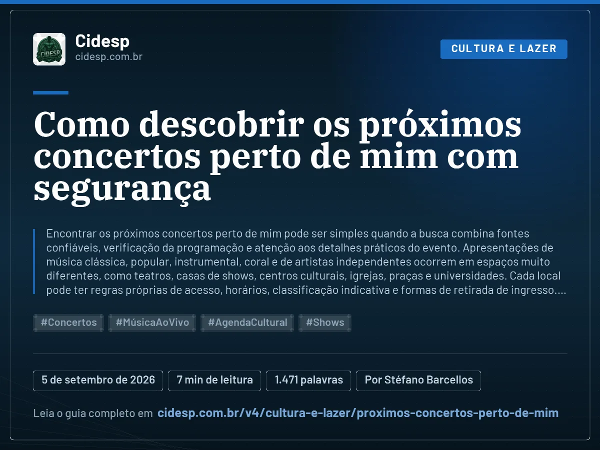 Cartão do artigo “Como descobrir os próximos concertos perto de mim com segurança”, com resumo, data de publicação e endereço da página.