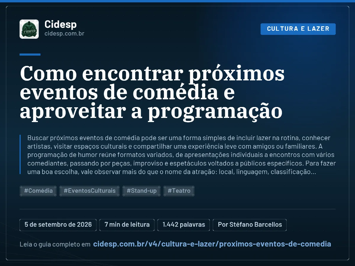 Cartão do artigo “Como encontrar próximos eventos de comédia e aproveitar a programação”, com resumo, data de publicação e endereço da página.