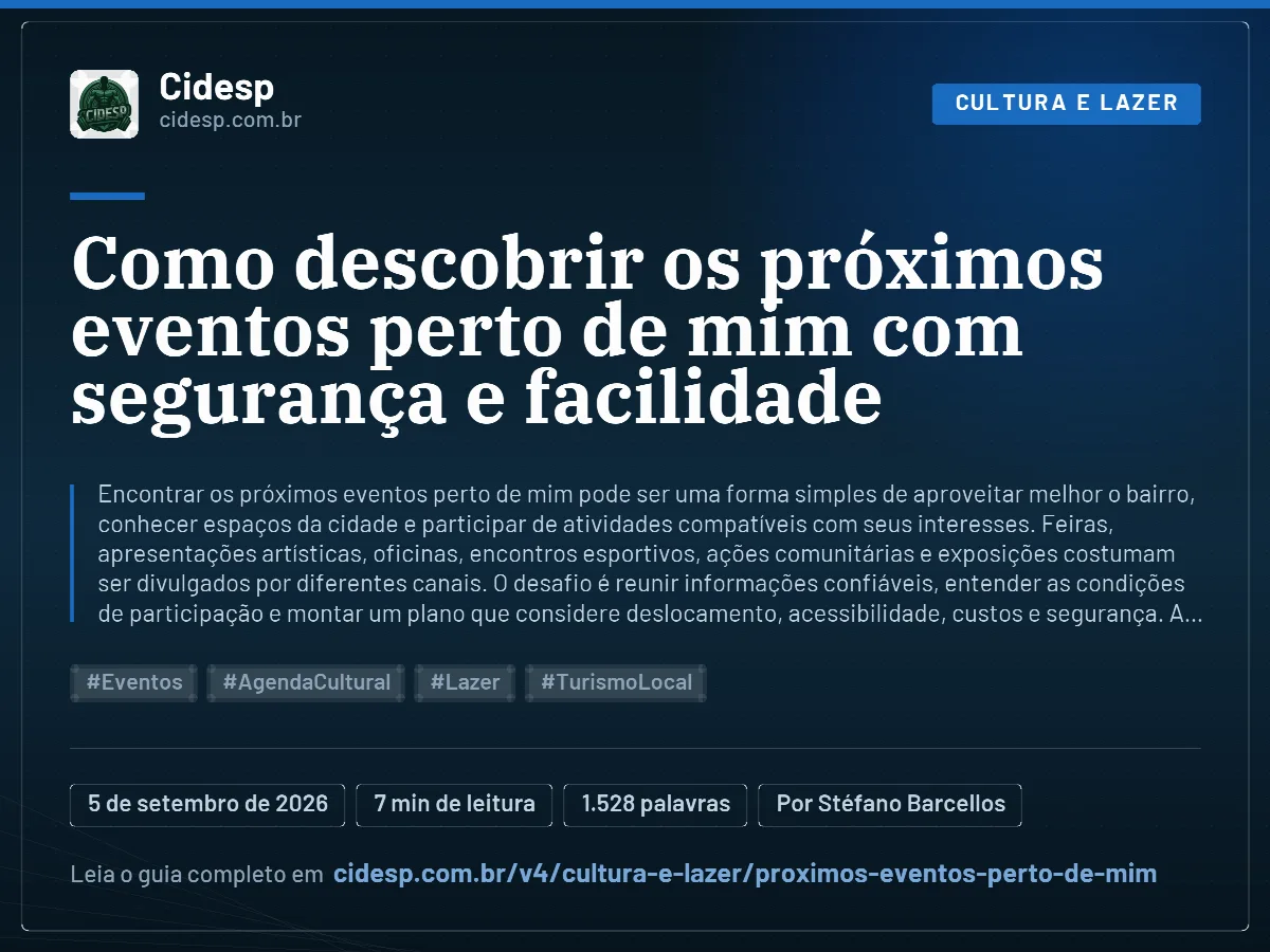 Cartão do artigo “Como descobrir os próximos eventos perto de mim com segurança e facilidade”, com resumo, data de publicação e endereço da página.