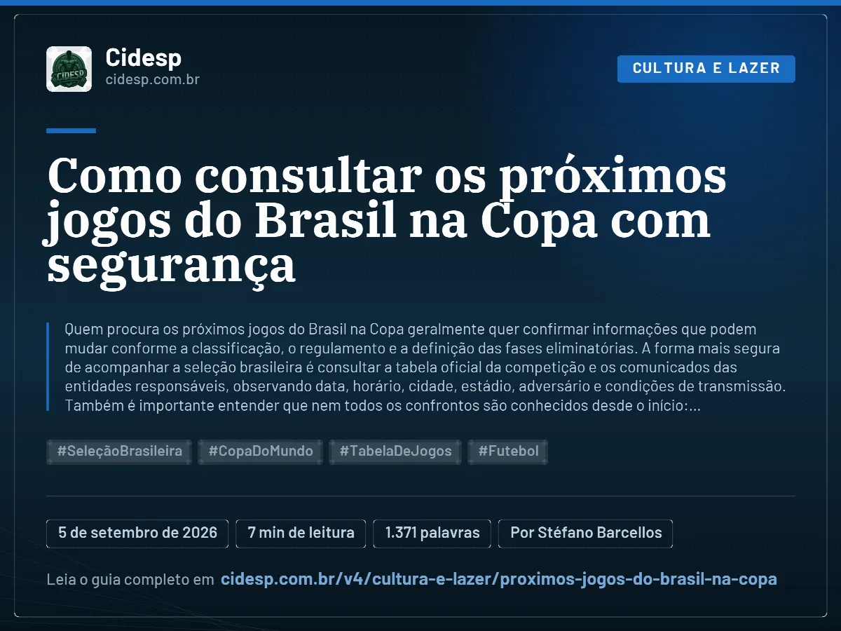 Cartão do artigo “Como consultar os próximos jogos do Brasil na Copa com segurança”, com resumo, data de publicação e endereço da página.