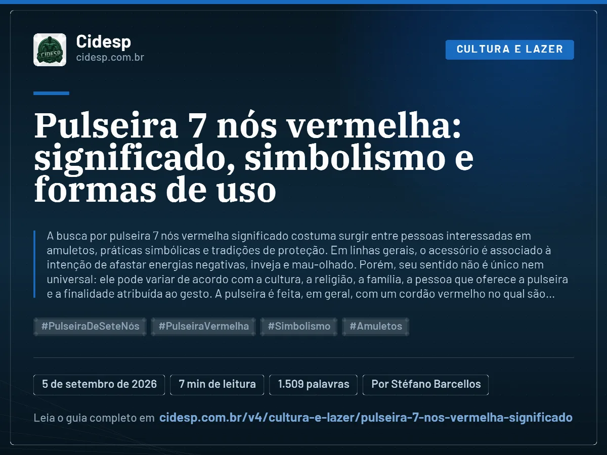 Cartão do artigo “Pulseira 7 nós vermelha: significado, simbolismo e formas de uso”, com resumo, data de publicação e endereço da página.