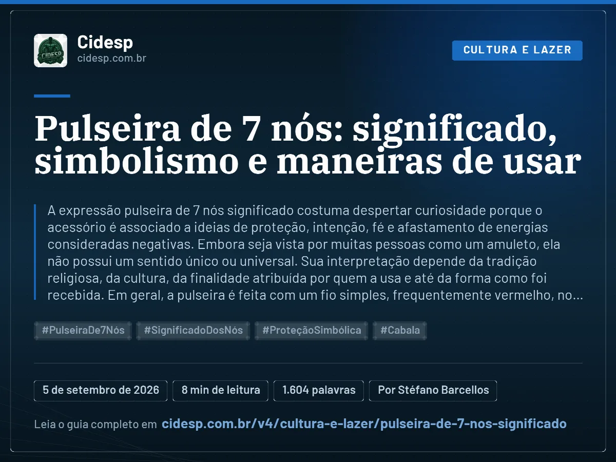 Cartão do artigo “Pulseira de 7 nós: significado, simbolismo e maneiras de usar”, com resumo, data de publicação e endereço da página.