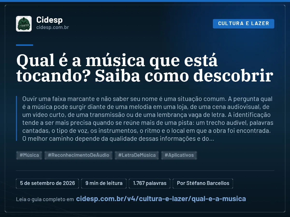 Cartão do artigo “Qual é a música que está tocando? Saiba como descobrir”, com resumo, data de publicação e endereço da página.
