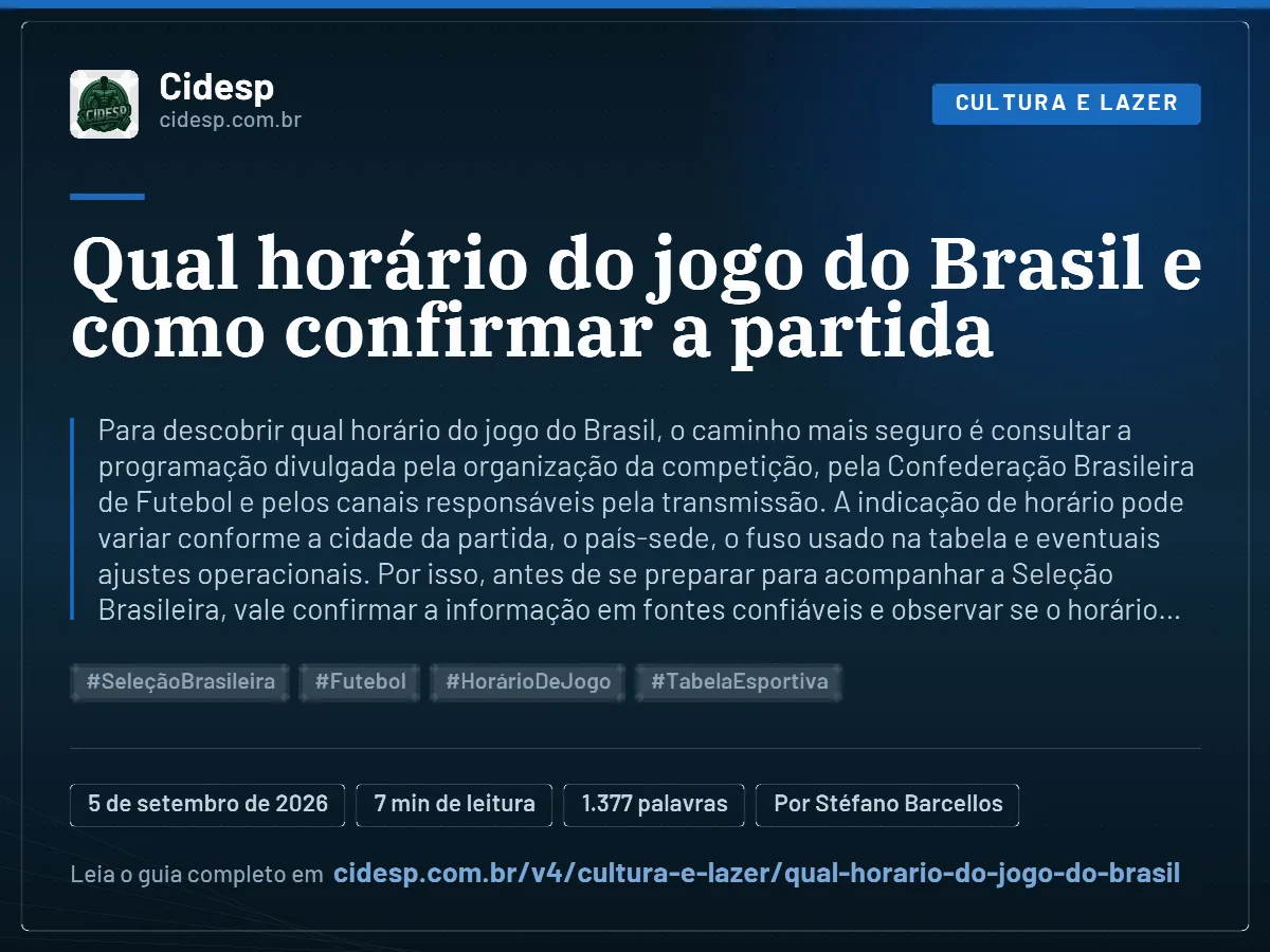 Cartão do artigo “Qual horário do jogo do Brasil e como confirmar a partida”, com resumo, data de publicação e endereço da página.