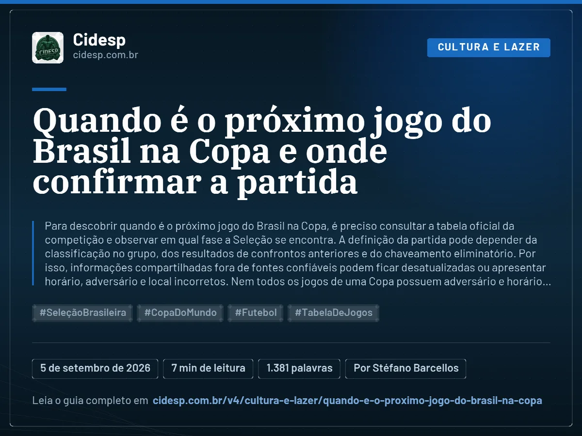 Cartão do artigo “Quando é o próximo jogo do Brasil na Copa e onde confirmar a partida”, com resumo, data de publicação e endereço da página.